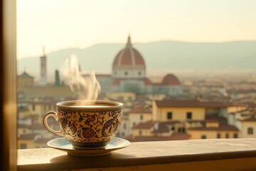 A serene morning scene featuring a steaming cup of coffee placed on a windowsill, overlooking