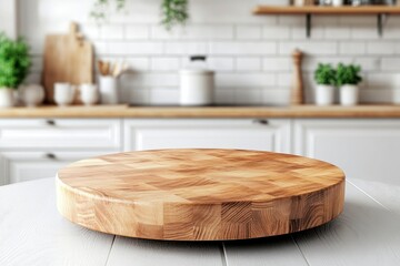 Wall Mural - Empty beautiful round wood tabletop counter on interior in clean and bright kitchen background, Ready for display, Banner, for product montage , ai