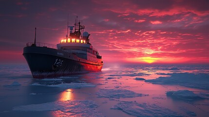 A research vessel navigates icy waters under a vibrant sunset sky.