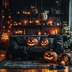 Interior of dark living room with Halloween pumpkins and burning candles