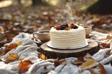 Wall Mural - Autumn Picnic with Cake: A serene outdoor setting