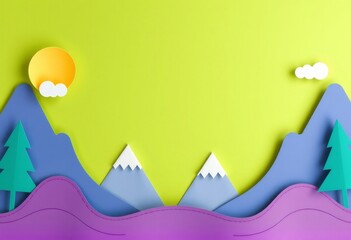 abstract paper cut landscape with mountains, trees, sun and clouds on a green background.