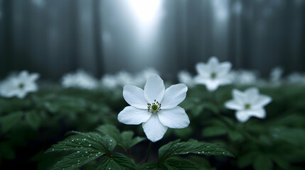 Wall Mural - Foggy Day The Woods With White Flowers