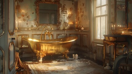 Wall Mural - Golden Bathtub in a Luxurious Bathroom.