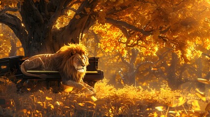 Canvas Print - Lion Resting on a Piano in a Golden Forest.