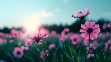 Poster - Field Full Pink Flowers And Grass