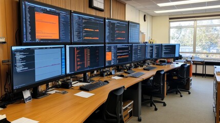 modern office workstation with multiple monitors and computer code