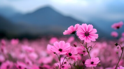 Poster - Field Full Pink Flowers And Grass