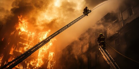 Firefighters battling blaze on building.