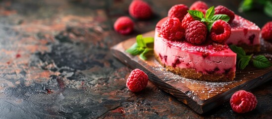 Fresh delicious raspberry cheesecake on a wooden textured board sits on top copy space vertical background for a recipe coffee shop cafe restaurant area for text lettering high quality photo