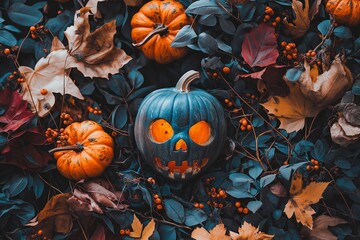 Wall Mural - A spooky Halloween setup featuring a blue pumpkin with an eerie face, surrounded by autumn leaves and pumpkins.