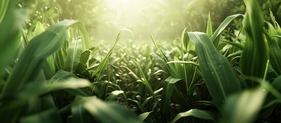 Sticker - Corn plants and grass in a rural agricultural field. Copy space image. Place for adding text and design