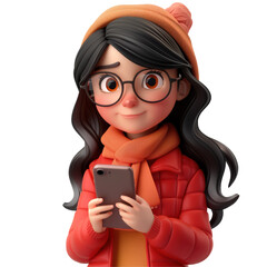 3D Cartoon Woman Using Smartphone Transparent Background Isolated on Transparent or White Background, PNG