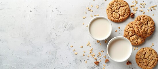 Poster - Oatmeal cookies accompanied by milk on a light background with crumbs. Copy space image. Place for adding text and design