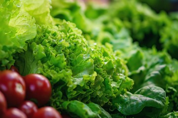 Close-up image of fresh green lettuce and ripe cherry tomatoes showcasing freshness and vibrant colors of the vegetables.