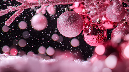 Canvas Print -  A pink Christmas ornament dangles from a tree branch amidst snow on the ground and a fuzzy background