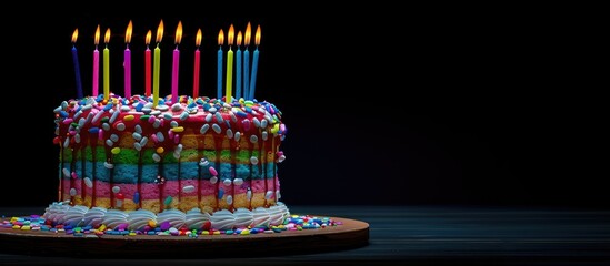 Sticker - Rainbow birthday cake adorned with colorful candles and drizzled icing. Copy space image. Place for adding text and design