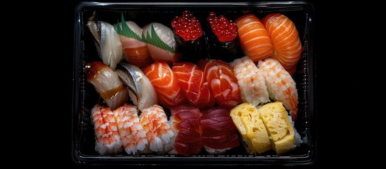 Sticker - A photo displaying an assortment of sushi types neatly arranged and packed in a container. Copy space image. Place for adding text and design