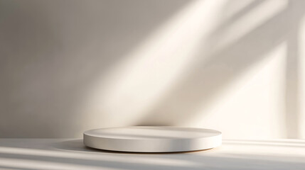 Fototapete - Empty minimalistic luxury room with empty stage podium place for product placement and design - best place for cosmetics products mock up with soft light and shadows