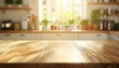 © Montalumirock - Brown wooden table kitchen counter display copy space with blurred light background