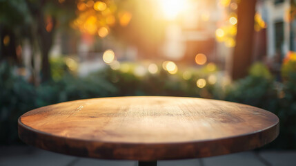 Poster - Round wooden table with evening sunlight in lovely place, wooden table with empty copy space place for products and design, product placement table mock up