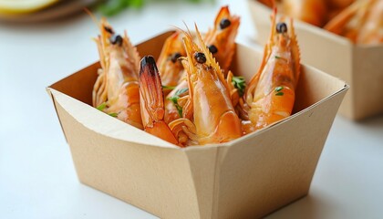 Sticker - Grilled shrimps on craft carton box meal delivery order on restaurant