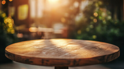 Poster - Round wooden table with evening sunlight in lovely place, wooden table with empty copy space place for products and design, product placement table mock up