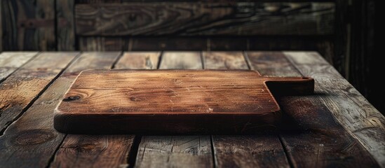 Poster - Empty cutting chopping board on an old rustic table ideal for food cake or bakery background photo. Copy space image. Place for adding text and design