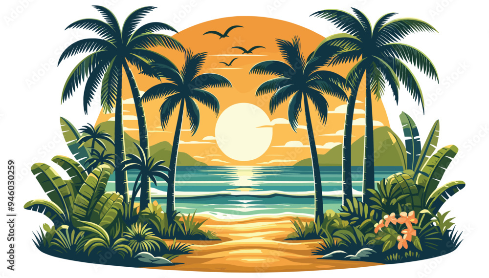 Tropical beach sunset illustration, orange and green, vector design ...