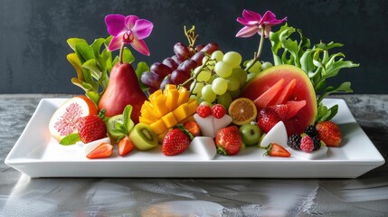 Wall Mural - Exotic fruit arrangement on a glossy white plate