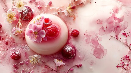 Wall Mural - A pink dessert garnished with fresh flowers and raspberries, beautifully presented.