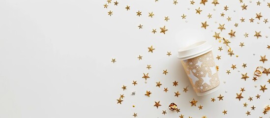 Wall Mural - Holiday or party backdrop idea featuring small golden stars and a paper cup on a white background Flat lay top view copyspace