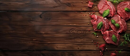 Poster - Different cuts of raw beef Wooden background Top view Copy space