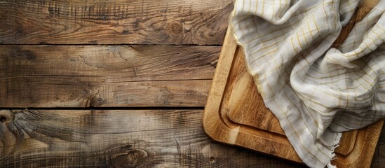 Wall Mural - Empty wooden cutting board with a kitchen cloth on a wooden background. Copy space image. Place for adding text and design