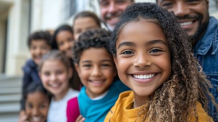 a diverse group of children smiles together, capturing a moment of shared happiness.