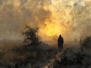 Canvas Print - Silhouette of a Person Walking Towards the Sunset.