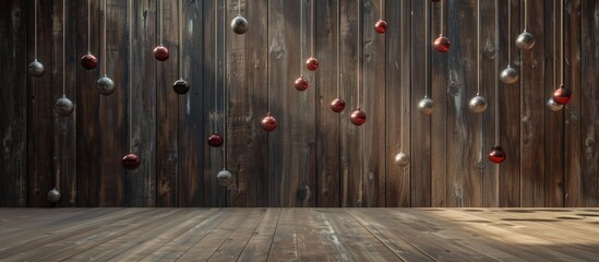 Poster - Christmas decorations suspended above a wooden backdrop. Copy space image. Place for adding text and design