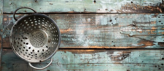 Poster - Empty colander on a wooden table against a weathered background. Copy space image. Place for adding text and design