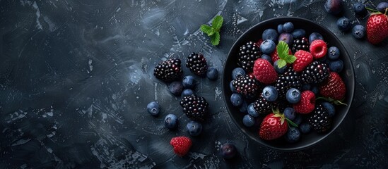 Poster - Summer berries including blueberries and blackberries arranged in a vintage dish with a creative flatlay top view Dark moody composition in a vertical orientation. Copy space image