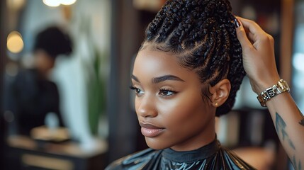 a black woman gets her hair braided in a salon, showcasing a moment of personal care.
