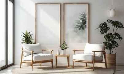 Two armchairs in room with white wall and big frame poster on it. Scandinavian style interior design of modern living room. Generative AI