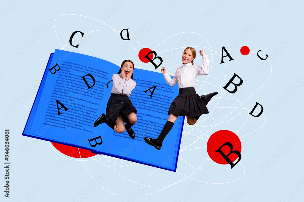 Composite photo collage of two funny classmates girls jump together ...