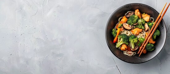 Sticker - Traditional Asian stir fry noodles with chicken mushrooms and broccoli Asian wok served in a bowl with chopsticks Light grey concrete background Top view Asian Chinese cuisine dinner