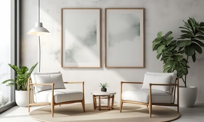 Two armchairs in room with white wall and big frame poster on it. Scandinavian style interior design of modern living room. Generative AI