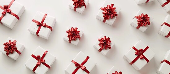 Canvas Print - Festive gift boxes featuring red ribbon bows isolated against a white background. Copy space image. Place for adding text and design