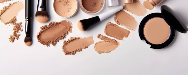 Liquid foundations, makeup brush, swatches and face powder on white background, flat lay, Generative AI