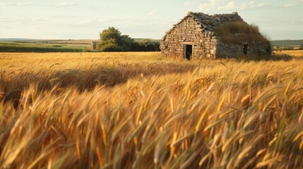 Ancient stone barn amidst vast fields of wheat