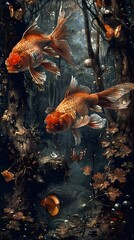 Poster - Golden Fish and Butterflies in a Dreamy Forest.