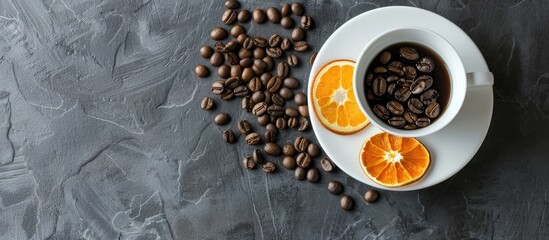 White cup and saucer filled with roasted coffee beans accompanied by two slices of dried orange and a couple of coffee beans set against a gray table background top view. Copy space image