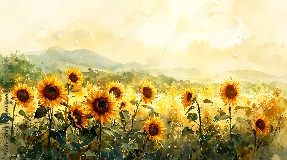 A watercolor painting captures a field of sunflowers with majestic ...